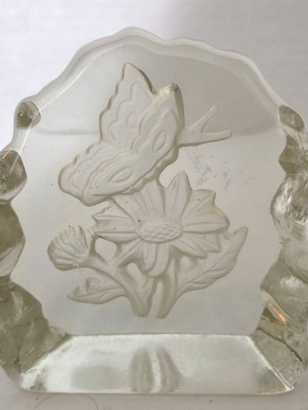Clear Heavy Etched Crystal Butterfly And Flower Paperweight 3.5" X 4" X 1"